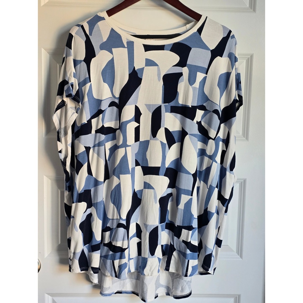 WynneLayers Womens 2X Blue Abstract Geometric Print High Low Tunic Top